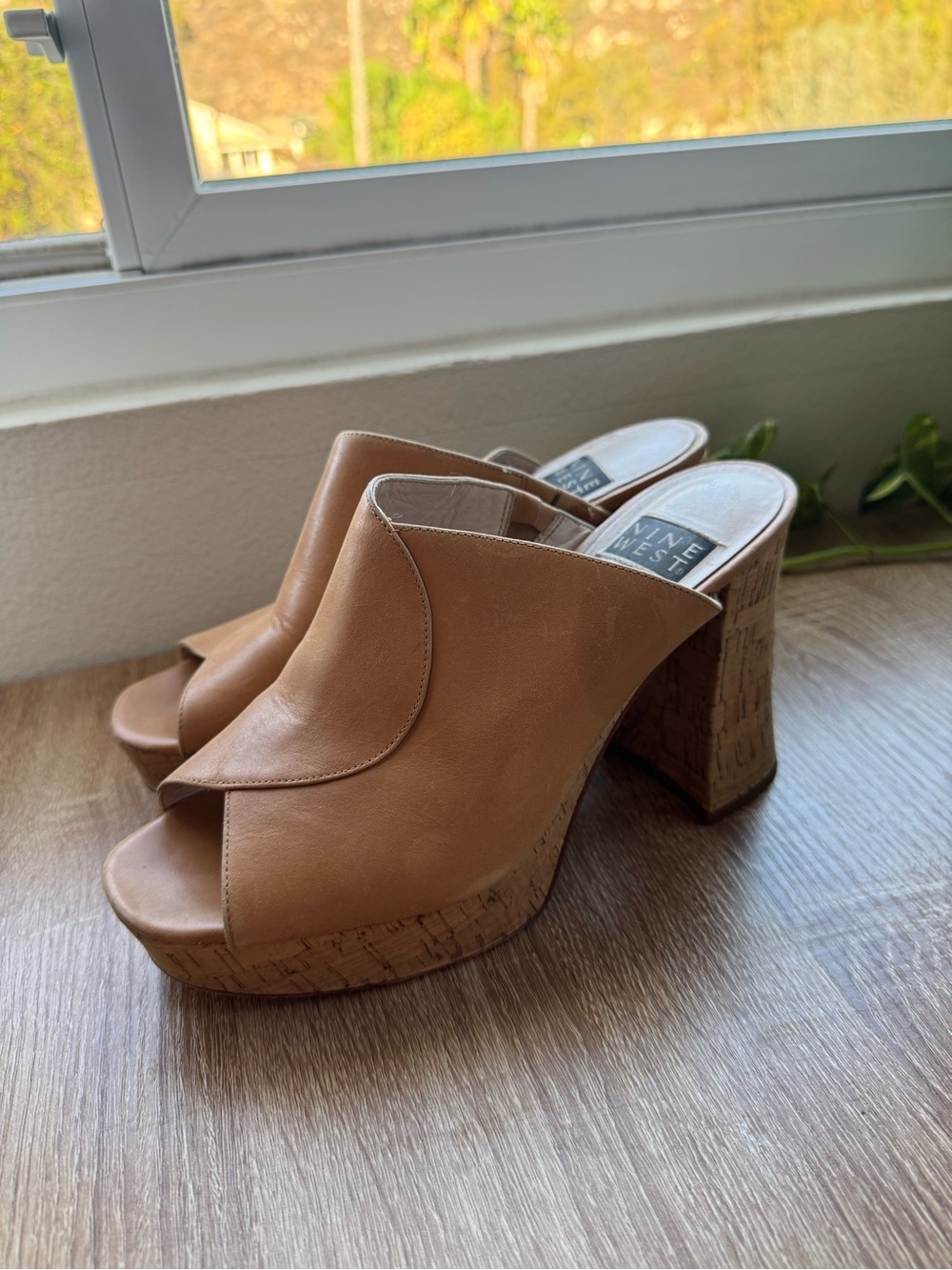 Nine West Cognac Leather Cork Platform Mules